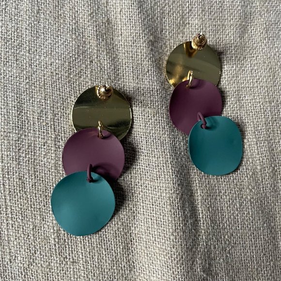Geometric Drop Dangle Statement Earrings Gold Maroon Teal - Picture 4 of 7